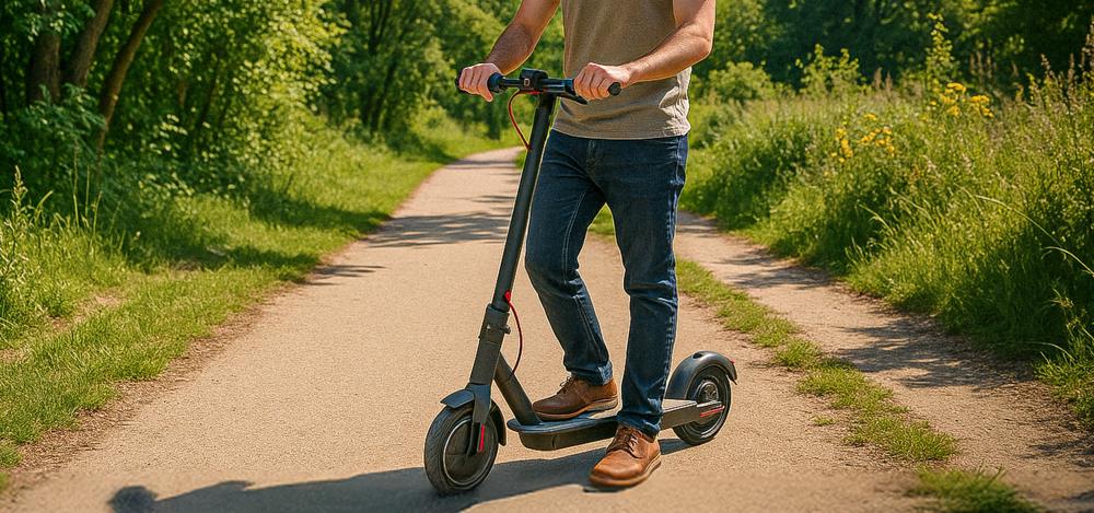 Man står på en elsparkcykel på en stig omringad av natur